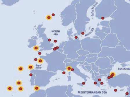 Figura 30 - Grandes derrames causados por petroleiros desde 1984 (Fonte: EMSA) Círculos vermelhos derrames superiores a 7 000 ton Círculos vermelhos sublinhados a amarelo derrames superiores a 10 000