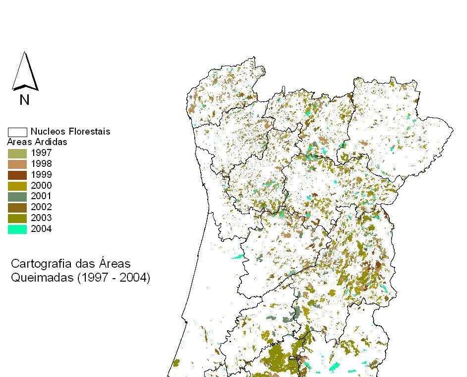 As áreas de maior risco de incêndio são as zonas interiores a Norte do Tejo, as regiões de Trás-os-Montes e Minho interior, bem como a zona montanhosa do Sudoeste Algarvio.