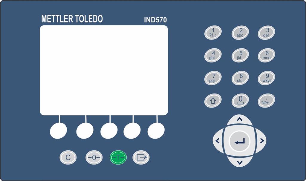 Linha de Mensagens Área de Peso e Configuração Valor de Tara Rótulo das Softkeys Softkeys Disposição do painel frontal do IND 570 A parte superior do display exibe uma linha onde erros e mensagens do