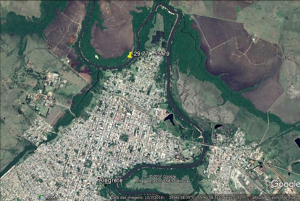 Figura 14 Localização da estação fluviométrica Alegrete (código 76750000) Fonte: Adaptado de Google Earth A estação fluviométrica possui uma área de