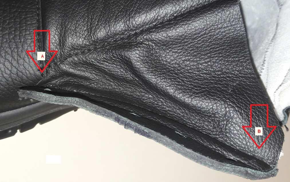 9.11 Forração Raspa de couro natural - espessura 1,2 ± 0,2 mm 9.12 Língua a) Fole ou língua de dobras fixa e bem costurada no cabedal do calçado, evitando a penetração de água.