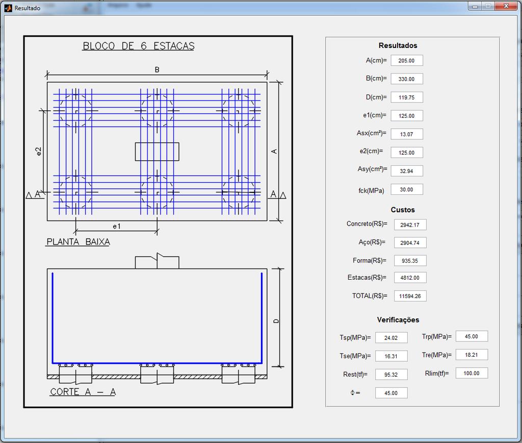 Figura 42 Interface do software de otimização do detalhamento do bloco retangular sobre 6 estacas 83 Fonte: Autor Normalmente o engenheiro de estruturas fornece os valores das cargas na fundação de