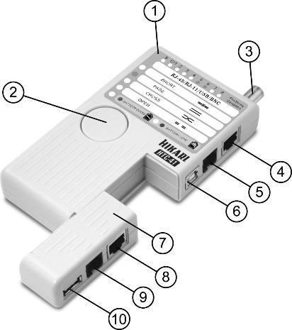 ESTRUTURA DO INSTRUMENTO 1. Unidade principal 2. Tecla de Teste 3. BNC (10BASE-2) (10BASE-5) 4. RJ-45 (Rede) 5. RJ-11 (Telefone) 6. USB (B) 7. Unidade Remota 8. RJ-45 (Rede) 9. RJ-11 (Telefone) 10.