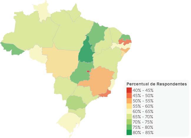 Perfil Sociodemográfico dos Magistrados Brasileiros - 2018 Figura 1: Mapa com o percentual de respondentes, segundo a UF de lotação Tabela 1: Percentual de participação por segmento de justiça