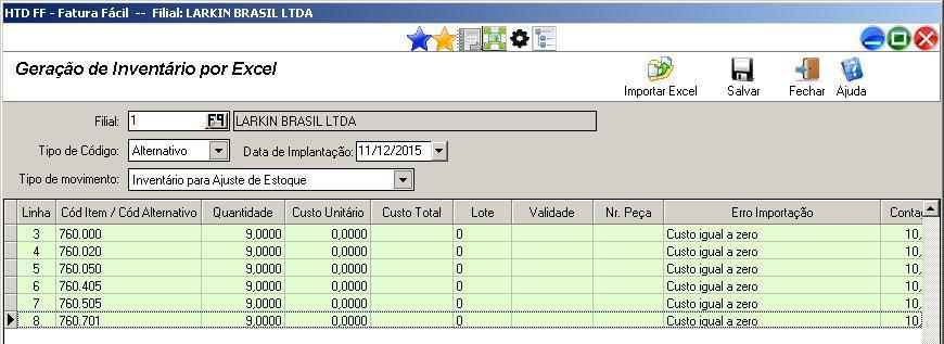 IMPLANTAÇÃO DE INVENTÁRIO 7 Importe a planilha e caso dê algum erro na