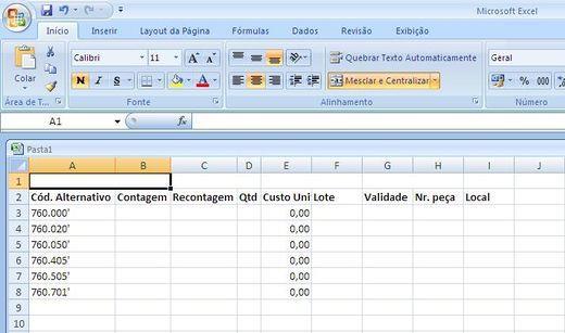 IMPLANTAÇÃO DE INVENTÁRIO 4 É gerada uma planilha do Excel com o código alternativo dos itens que foram filtrados, com lugar para você fazer a contagem, recontagem e quantidade apurada.