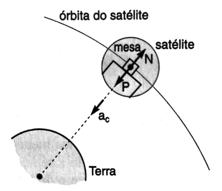 O objeto e o satélite são atraídos pela Terra e ambos possuem a mesma aceleração, que é a aceleração da gravidade g.