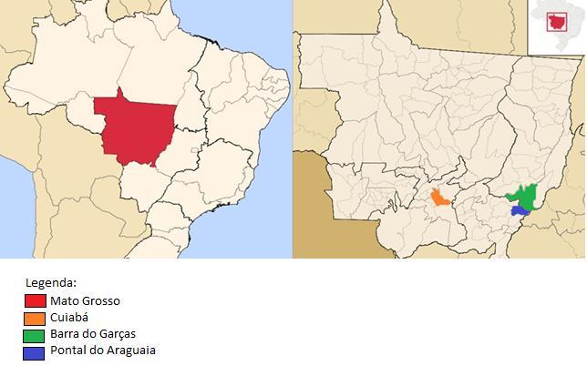 Figura 1: Localização de Barra do Garças e Pontal do Araguaia em Mato Grosso. Fonte: Prandi (2013).