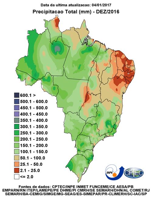 Figura 1 Distribuição de chuvas no Brasil em Dezembro de 2016. Fonte: CPTEC.