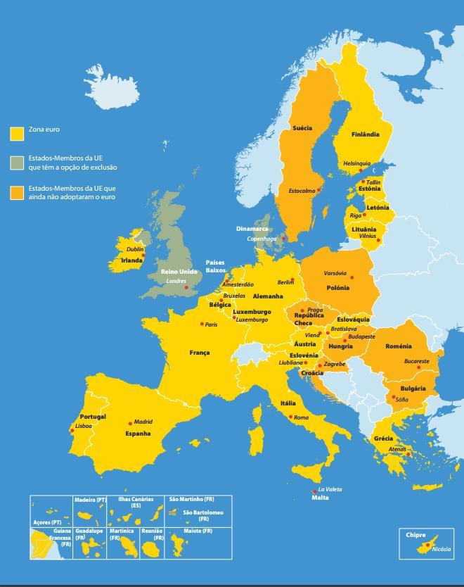 Zona Euro A União Económica e Monetária (UEM) foi estabelecida pelo Tratado de Maastricht em 1992 Implica para além da coordenação das políticas económicas e orçamentais, uma política monetária comum