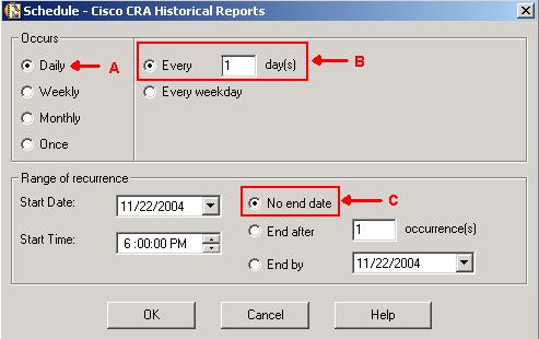 Relatórios Diários Configurados Incorretamente Para relatórios diários, verifique estes possíveis problemas: Marque o botão de opção Daily na seção Occurs, indicado pela seta A na Figura 3.
