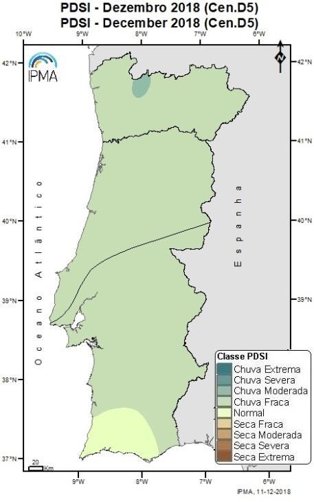 Figura 8 - Distribuição espacial do índice de seca meteorológica PDSI calculado com base em cenários de precipitação para o mês de dezembro (Fonte: IPMA).