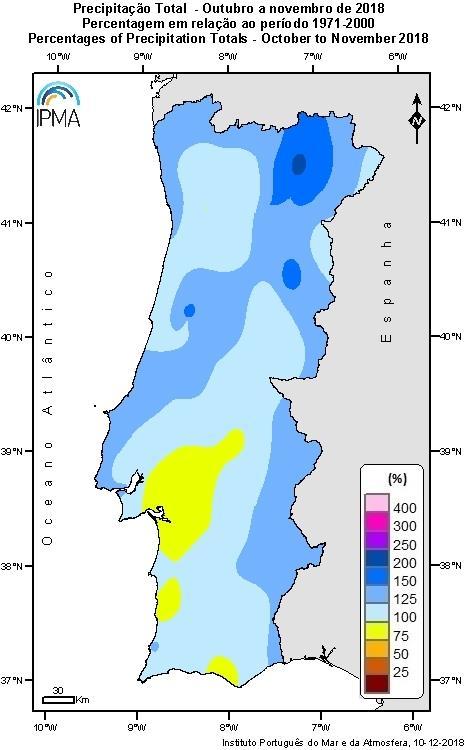 Verificou-se um aumento significativo da percentagem de água no solo em todo o território e em particular nas regiões do Norte e Centro com valores próximos ou iguais à capacidade de campo.