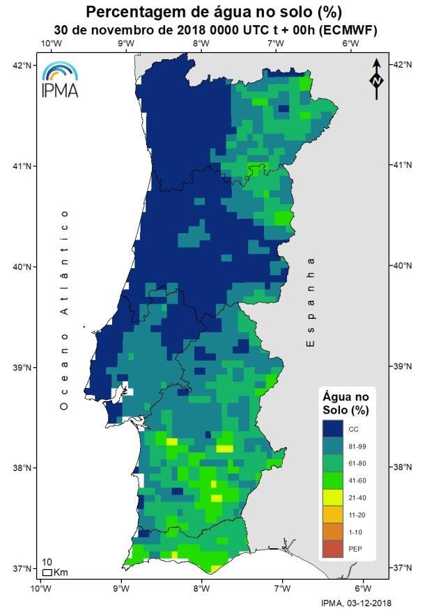 Figura 4 - Percentagem de água no solo (média 0-100 cm profundidade), em relação à capacidade de água utilizável pelas plantas a 30 novembro 2018 (ECMWF) (Fonte: IPMA) 1 Produto soil moisture