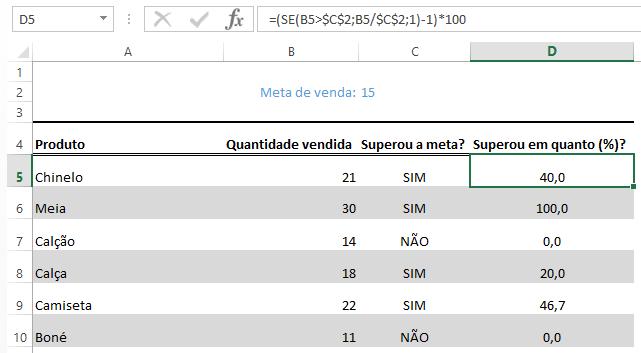 A fórmula utilizada na nova coluna é: =(SE(B5>$C$2;B5/$C$2;1)-1)*100 O que estamos fazendo agora? 1. Verificamos se a quantidade vendida supera a meta (B5>$C$2) 2.