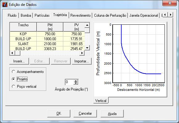 Figura 2 Tela de edição de dados Os dados da trajetória do poço podem ser adicionados no simulador de três maneiras: acompanhamento, projeto e poço vertical.