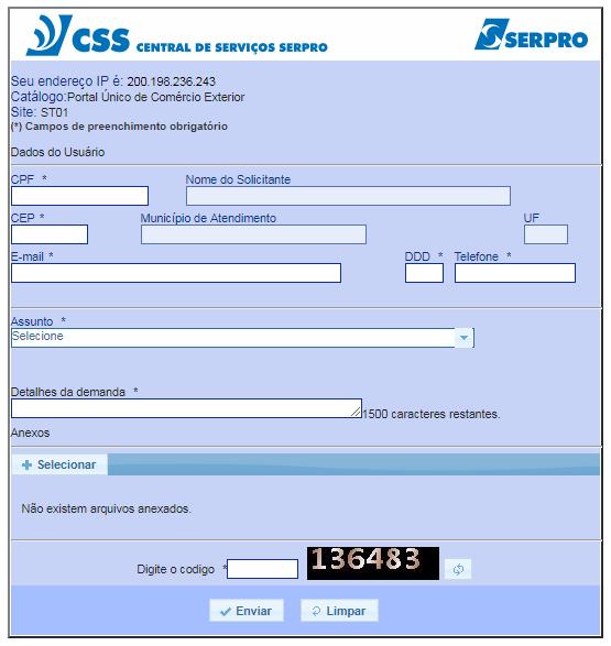 1.5 Informe o seu CPF no campo correspondente: Tratando-se de primeira solicitação, o sistema solicitará o preenchimento do formulário: Ao preencher o formulário pela primeira vez, o sistema efetuará