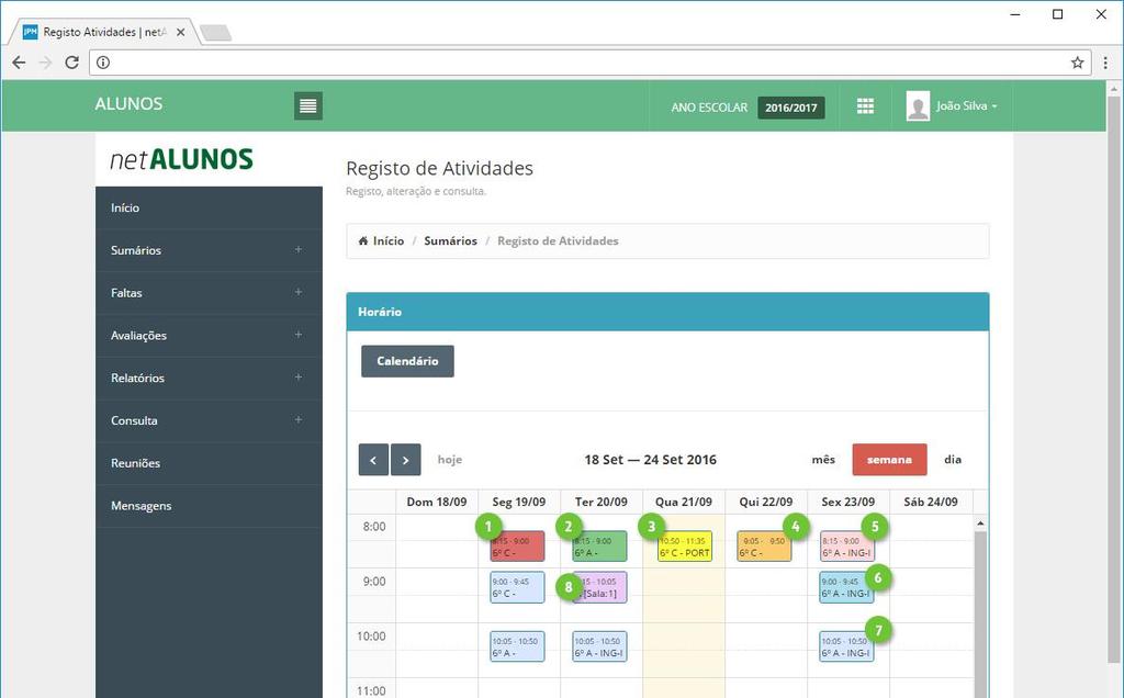 18 Legenda de cores Após o registo do sumário, a atividade muda de cor para verde, indicando que o docente não tem falta à atividade (ponto 2).