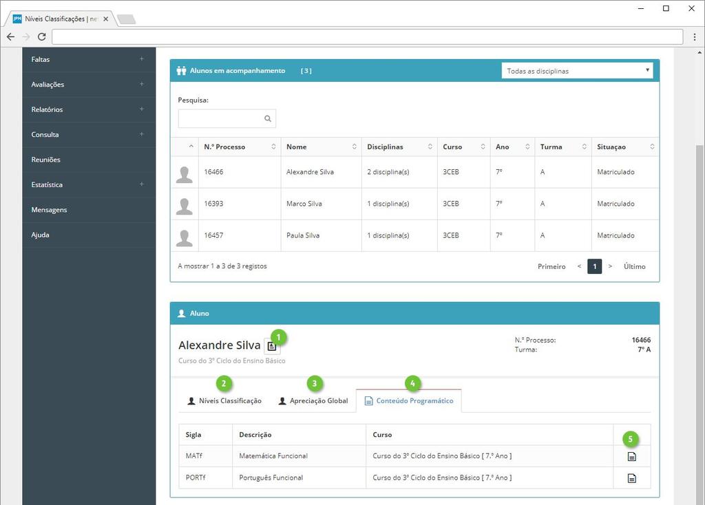 39 Clique sobre o aluno que pretende avaliar e na parte inferior, poderá consultar os dados de identificação do aluno (ponto 1), registar Níveis de