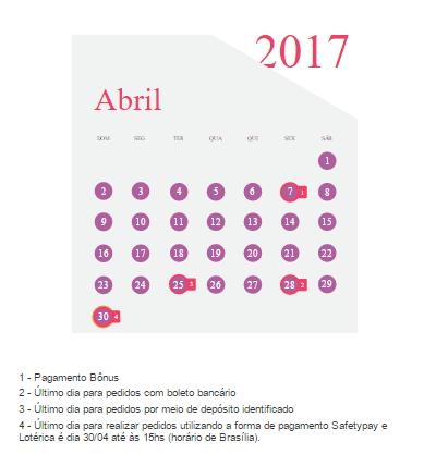 07/04 Pagamento Bônus 25/04 Último dia para pedidos com boleto bancário 28/04 Último dia para pedidos por meio de depósito identificado