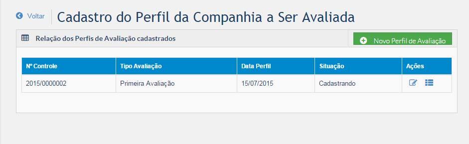 Perfil de Avaliação da Companhia Esta tela deve ser utilizada para informar o Sistema da condição e momento de avaliação; ou seja, quando da Avaliação inicial, Recertificação ou inclusão de uma nova