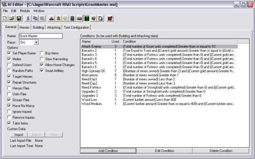 rápido vai rodar que o jogo normal (muito útil para teste), e definindo a quantidade de players e seus respectivos scripts de IA. Figura 9 Exemplo de IA criada no AI Editor do Warcraft III.