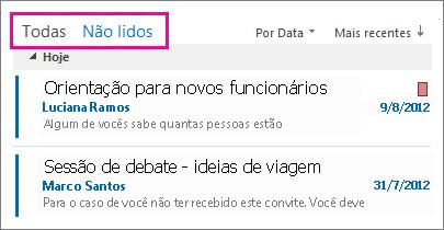 Exibir somente mensagens não lidas Para ver apenas as mensagens que você ainda não leu, siga este procedimento: Em qualquer pasta na sua caixa de email, na parte superior da lista de