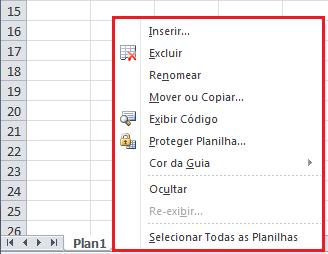 Figura 7 Planilhas de uma Pasta do Trabalho do Excel Para manipular informações dessas planilhas, basta clicar com o botão direito do mouse sobre a planilha desejada e escolher a opção desejada:
