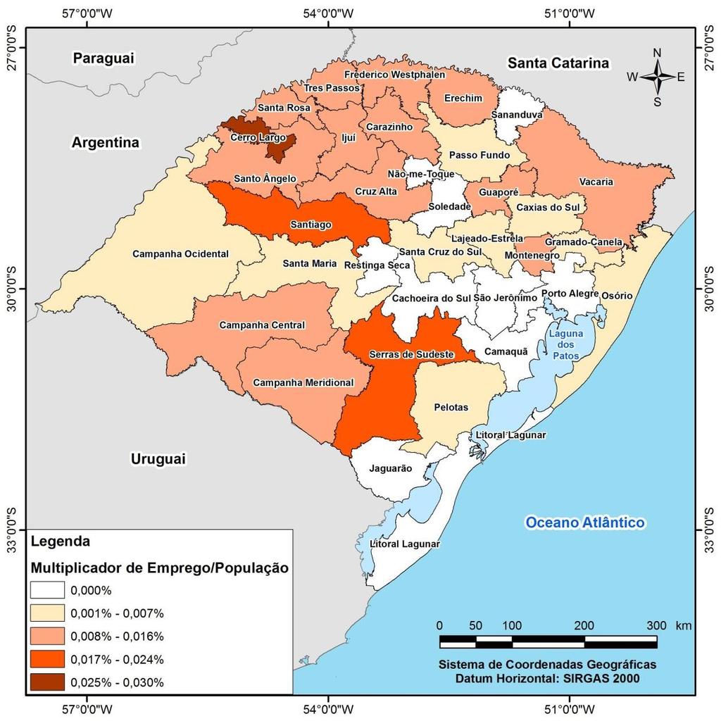 Multiplicador de emprego/população Fonte dos dados brutos: Número de empregados e de alunos matriculados das ICES Microdados do Censo da Educação Superior - MEC/INEP (BRASIL, 2016b).