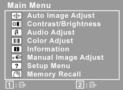 Para ajustar a imagem da tela, faca o seguinte: 1. Pressione [1] para exibir o Menu Principal. NOTA: Todos os menus OSD e as telas de ajuste desaparecem automaticamente após 15 segundos.