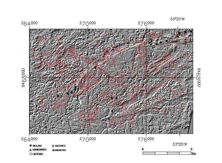 102 Figura 40 - Imagem acromática da banda 4 com filtragem direcional sobreposta (Pinheiro-Sommer, 2005), evidenciando os principais lineamentos da região do Cerro Chato. 6.