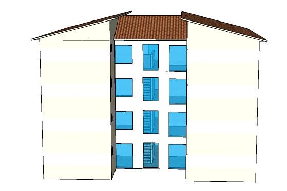 Assim sendo, há dois tipos de fachada: uma com seis aberturas por pavimento, e uma seccionada pela circulação vertical, com