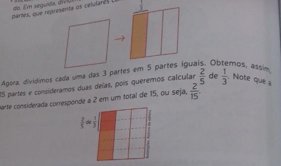 Foto 10 Reprodução de parte do conteúdo do livro sobre Multiplicação de fração por outra fração Fonte: Livro Vontade de Saber Matemática (foto reproduzida pela autora).