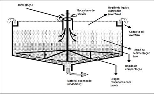 20 (underflow) são direcionadas por pás até o cone de descarga. Uma seção típica de um espessador pode ser vista na figura 7. Figura 7 Seção vertical de um espessador convencional (França, 2007).