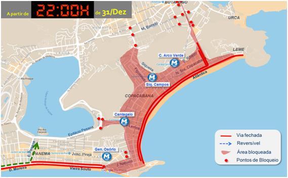 A partir das 5h do dia 01/01/2019 Os acessos à Copacabana serão liberados para todos os veículos, permanecendo a interdição da Av. Atlântica, em ambas as pistas.
