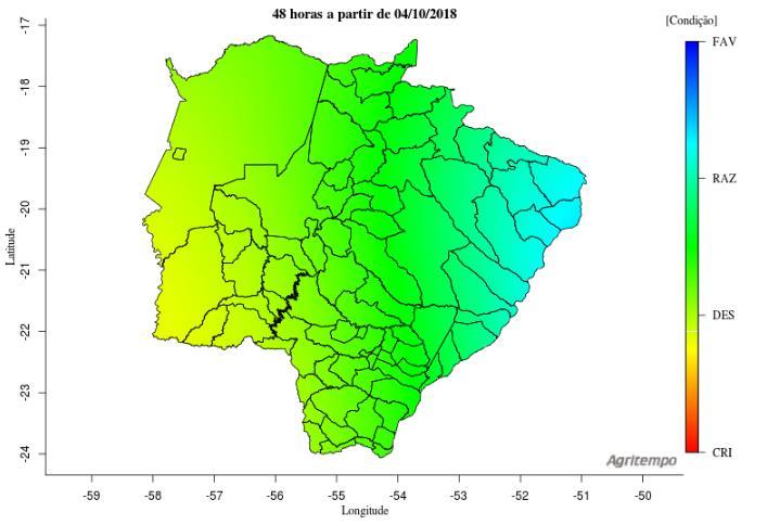 Condições para Manejo do Solo De acordo com o modelo Agritempo (Sistema de Monitoramento Agro Meteorológico), nas regiões representadas pela coloração verde (Figura 01), em um período de 48 horas a