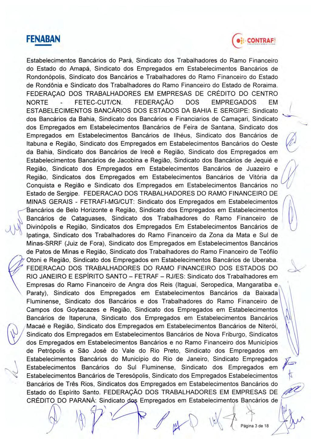 Estabelecimentos Bancários do Pará, Sindicato dos Trabalhadores do Ramo Financeiro do Estado do Amapá, Sindicato dos Empregados em Estabelecimentos Bancários de Rondonópolis, Sindicato dos Bancários