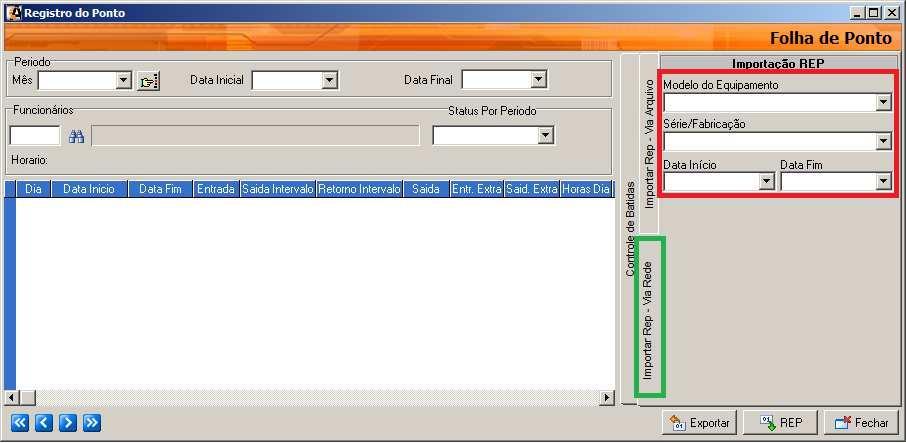 3 Registro do Ponto Conforme pode ser observado na figura 11, uma aba de nome Importar REP Via Rede foi criada na tela Registro do Ponto para que permita ao usuário realizar a leitura das marcações