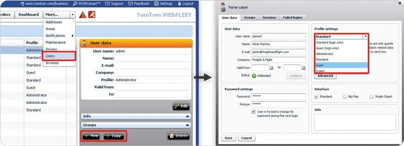 Gestão de utilizadores no WEBFLEET Gestão de utilizadores no WEBFLEET Com a gestão de utilizadores do WEBFLEET, pode permitir que funcionários, parceiros ou clientes acedam ao WEBFLEET.