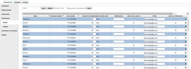 email e o período em dias antes da data de download. Também pode definir um endereço de email para os referidos lembretes para os condutores/veículos selecionados.