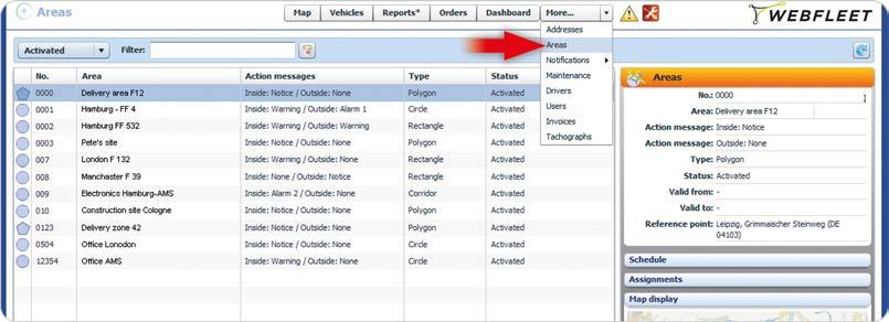 Utilizar áreas Utilizar áreas O WEBFLEET oferece uma solução para controlar os seus veículos através do registo das respetivas posições em relação a áreas definidas.