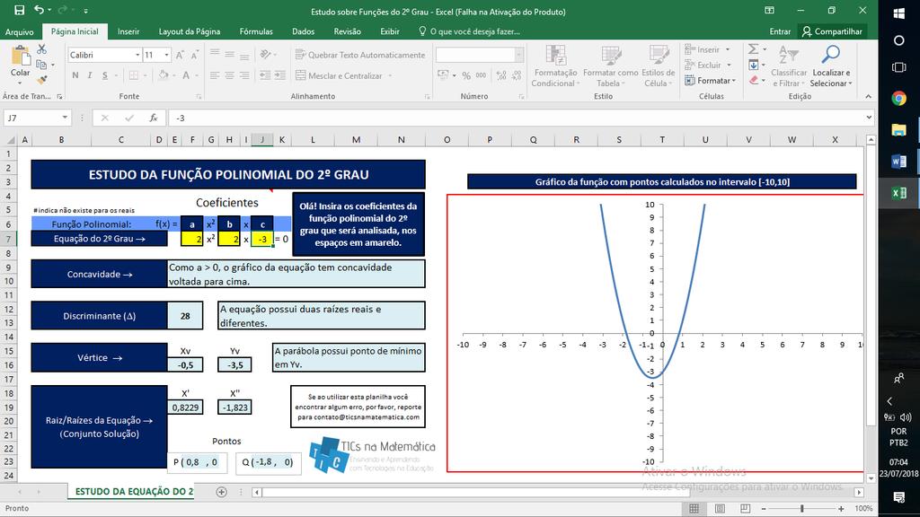 OFICINA II: Construindo Gráficos da Função Quadrática Utilizando o Excel.
