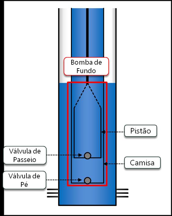 Figura 2.4 - Diagrama esquemático de uma bomba de fundo As válvulas de passeio e pé são constituídas de sede e esfera e funcionam por pressão.
