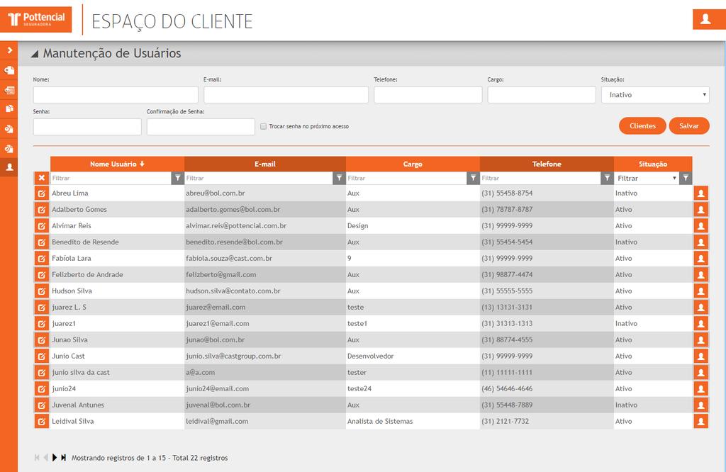 Manutenção de Usuários Tela Manutenção de Usuário é exibida após o usuário acionar a opção MANUTENÇÃO DE USUÁRIOS no menu de opções da tela ESPAÇO DO CLIENTE V Nome do Usuário; V E-mail; V Cargo; O