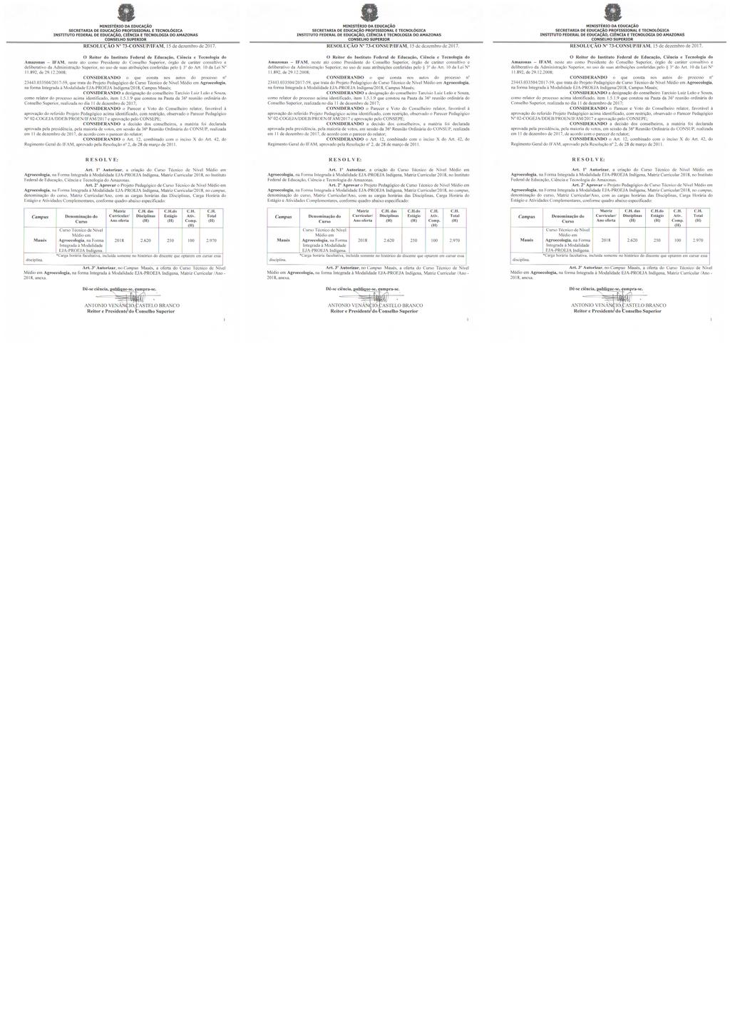 MINISTÉRIO DA EDUCAÇÃO SECRETARIA DE EDUCAÇÃO PROFISSIONAL E TECNOLÓGICA INSTITUTO FEDERAL DE EDUCAÇÃO, CIÊNCIA E TECNOLOGIA DO AMAZONAS CONSELHO SUPERIOR RESOLUÇÃO N 73-CONSUP/IFAM, 15 de dezembro