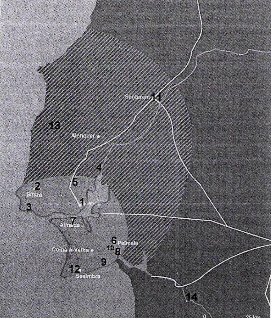 Figura 3 O território de Lisboa no período islâmico: 1-Lisboa; 2-Sintra; 3-Cascais; 4-Senhor