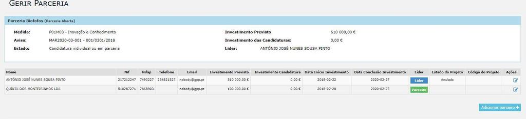 Figura 20 Lista de parcerias do beneficiário Clicando-se no ícone das ações, o utilizador poderá adicionar parceiros, no caso de ser o líder ou editar parceiros já existentes, como se pode ver na
