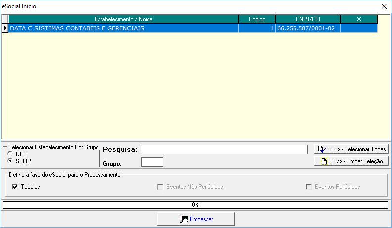 Selecione a empresa a ser processada verifique que a opção Tabelas no campo Defina a fase do esocial para o Processamento já se encontra marcada, com isso, o sistema irá montar o arquivo com os