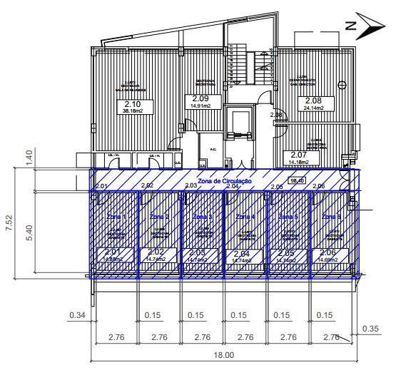 Figura 4.6 - Planta ilustrativa dos pisos do edifício estudado com as zonas em estudo identificadas a tracejado O estudo para esta dissertação irá incidir nos gabinetes.