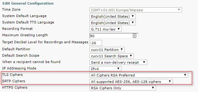 serviços CM Navegue à página de administração > às configurações de sistema > às configurações gerais do Cisco Unity Connection e selecione a opção apropriada da cifra das cifras TLS e SRTP da lista